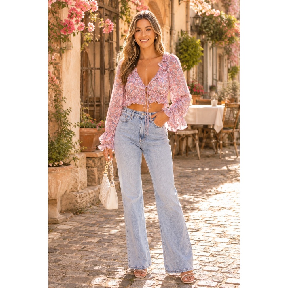 NWT‎ For Love & Lemons Simona Floral Ruffle Tie Front Crop Top Blouse XS Pink